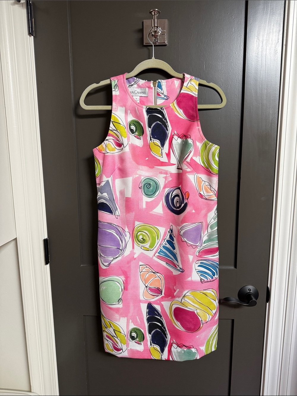Sara Campbell Pink Multicolor Shell-Print Midi Shift Dress